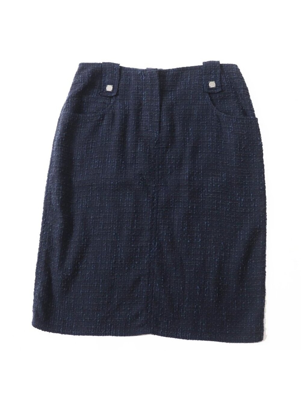 Chanel 01P Wool Cotton Logo Plate Knee-Length Skirt Navy Black 40